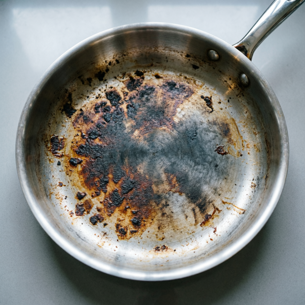 Dirty All-Clad stainless steel pan with burnt food and stubborn stains