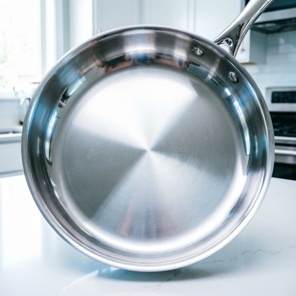 Shiny clean All-Clad stainless steel pan after proper cleaning